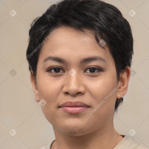 Joyful asian young-adult female with short  brown hair and brown eyes