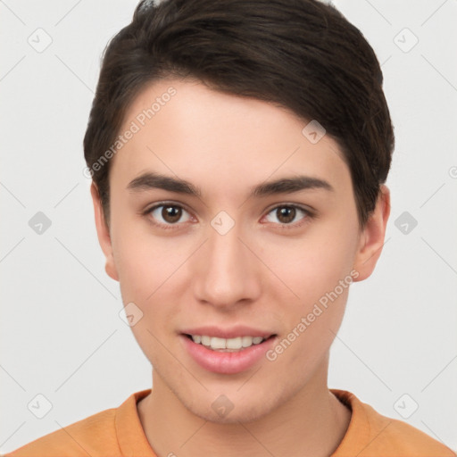 Joyful white young-adult female with short  brown hair and brown eyes