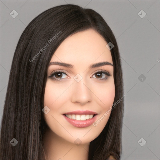 Joyful white young-adult female with long  black hair and brown eyes