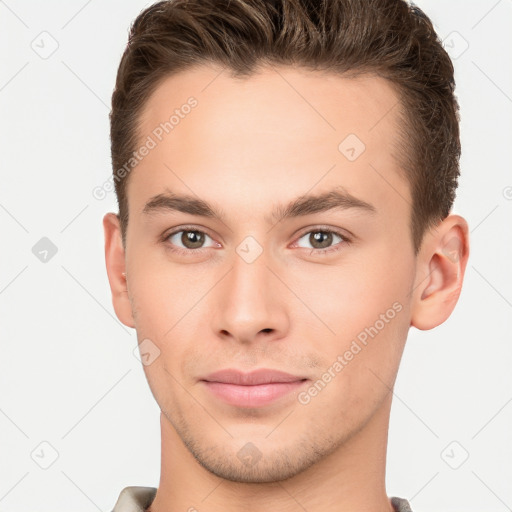 Neutral white young-adult male with short  brown hair and brown eyes