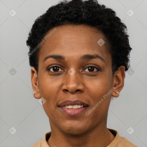 Joyful black young-adult female with short  black hair and brown eyes