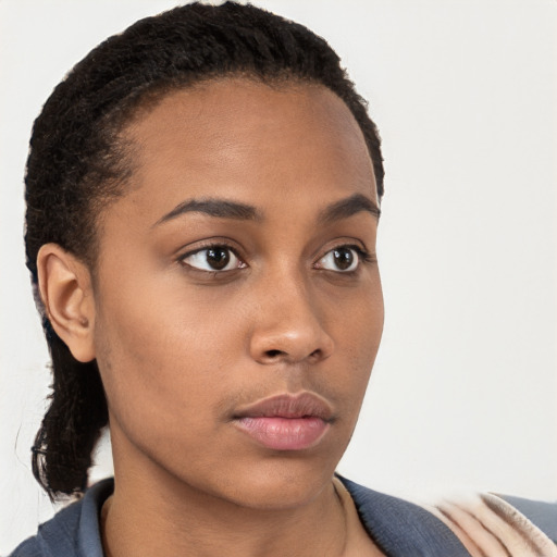 Neutral black young-adult female with short  brown hair and brown eyes