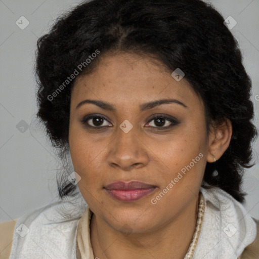 Joyful black young-adult female with long  brown hair and brown eyes