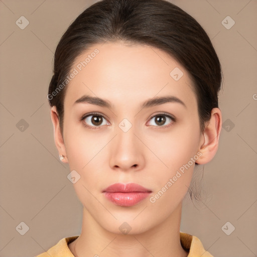 Neutral white young-adult female with short  brown hair and brown eyes