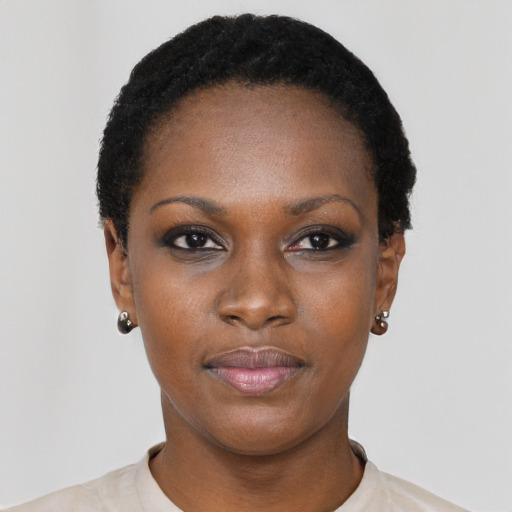 Neutral black young-adult female with short  black hair and brown eyes