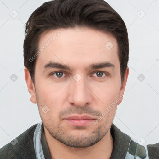 Neutral white young-adult male with short  brown hair and brown eyes