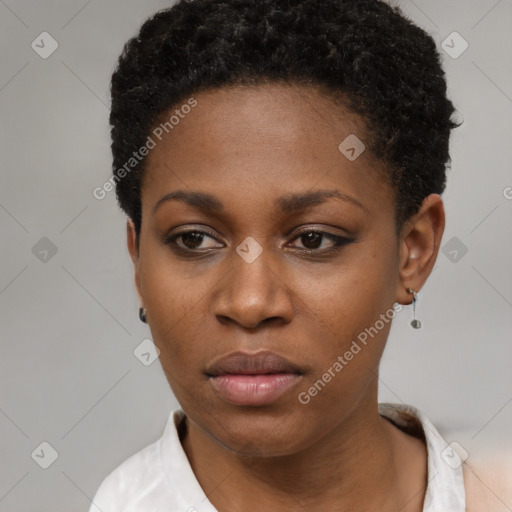 Neutral black young-adult female with short  black hair and brown eyes