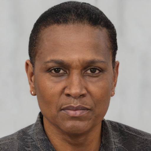 Neutral black adult female with short  brown hair and brown eyes
