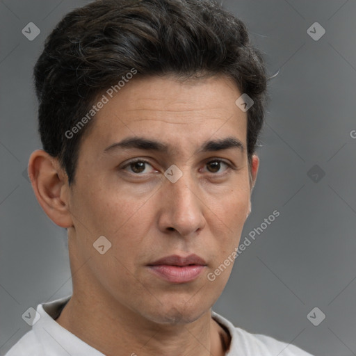 Neutral white adult male with short  brown hair and brown eyes