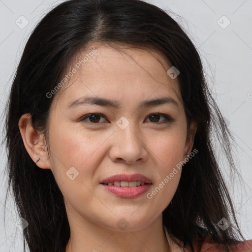 Joyful white young-adult female with long  brown hair and brown eyes