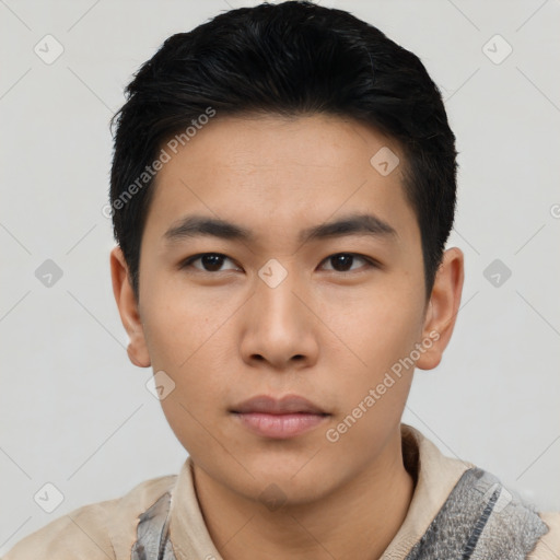 Neutral asian young-adult male with short  black hair and brown eyes