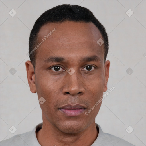 Neutral black young-adult male with short  black hair and brown eyes