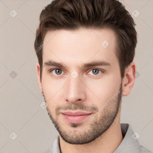 Neutral white young-adult male with short  brown hair and brown eyes