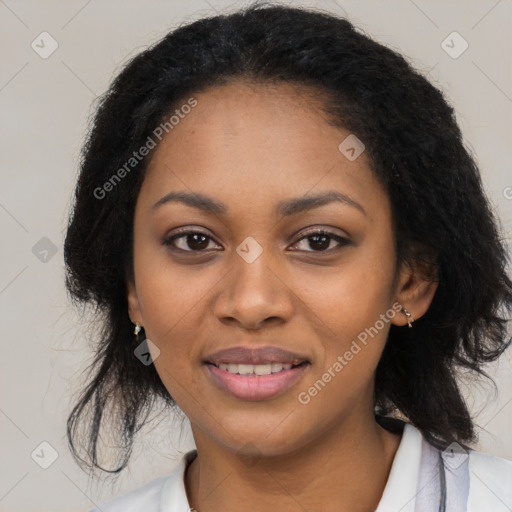 Joyful black young-adult female with medium  black hair and brown eyes