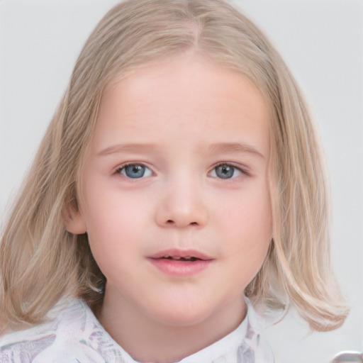 Neutral white child female with medium  brown hair and blue eyes