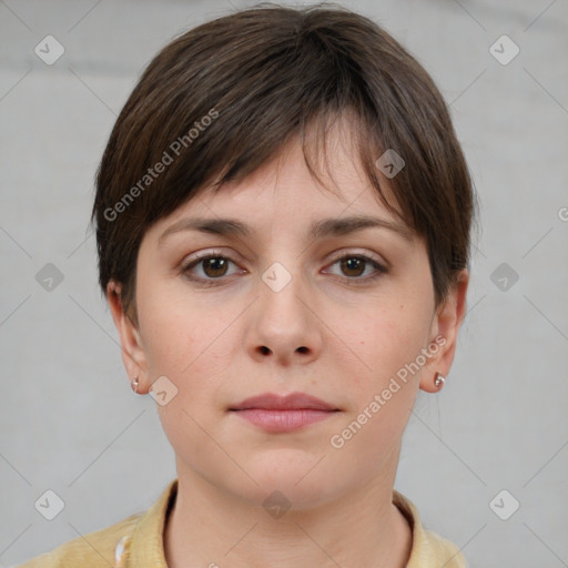 Neutral white young-adult female with short  brown hair and brown eyes