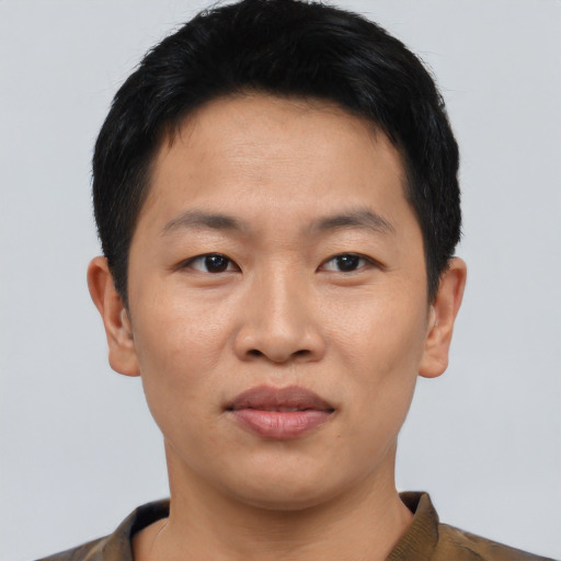 Neutral asian young-adult male with short  black hair and brown eyes