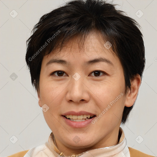 Joyful white adult female with medium  brown hair and brown eyes