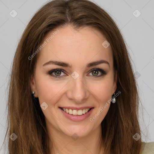 Joyful white young-adult female with long  brown hair and green eyes