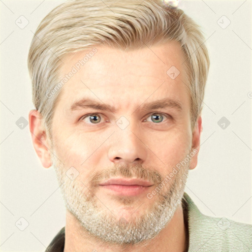 Joyful white adult male with short  brown hair and grey eyes