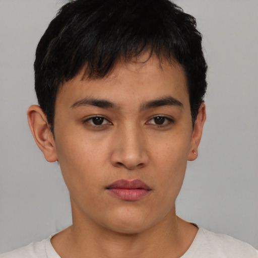 Neutral asian young-adult male with short  black hair and brown eyes