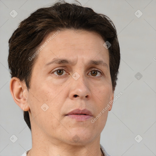 Neutral white adult male with short  brown hair and brown eyes