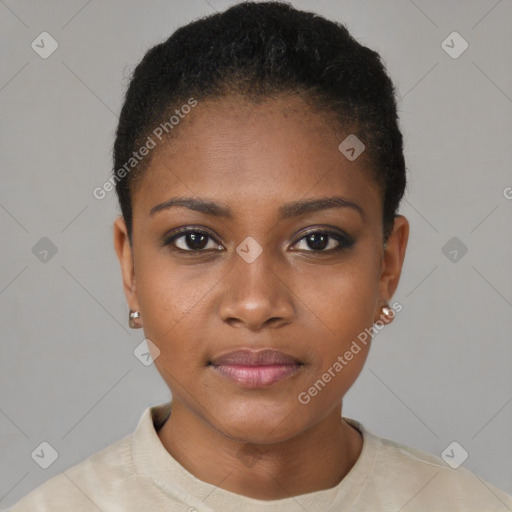 Neutral black young-adult female with short  black hair and brown eyes