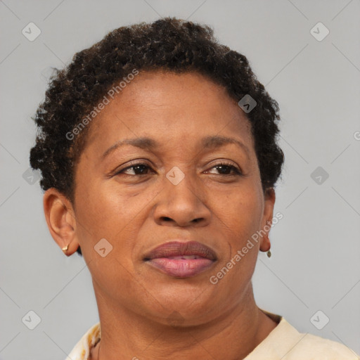 Joyful black adult female with short  brown hair and brown eyes