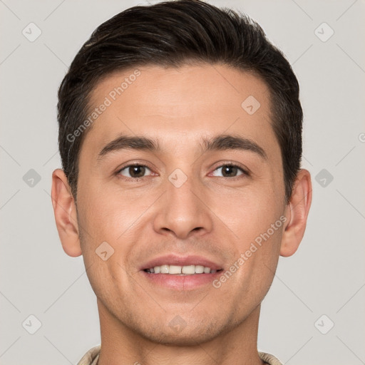 Joyful white young-adult male with short  brown hair and brown eyes