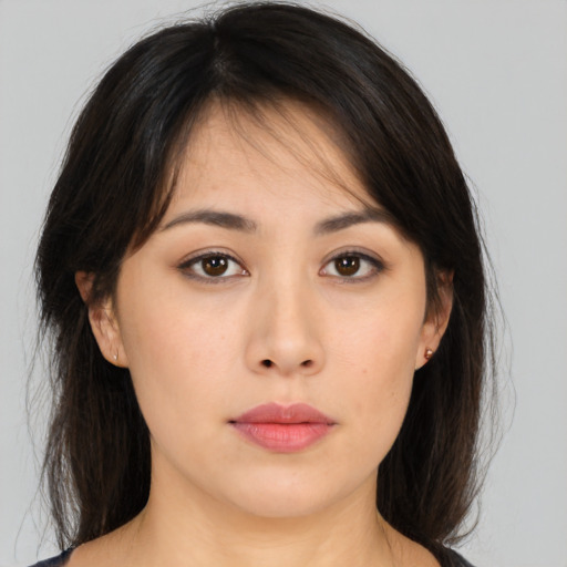 Neutral asian young-adult female with medium  brown hair and brown eyes