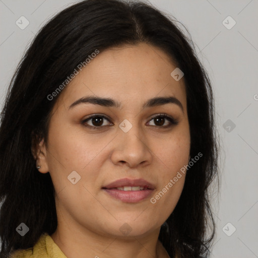 Joyful latino young-adult female with long  brown hair and brown eyes