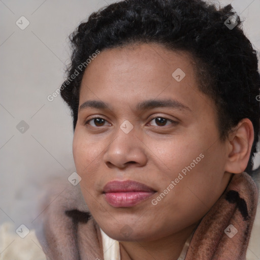 Joyful white adult female with short  brown hair and brown eyes