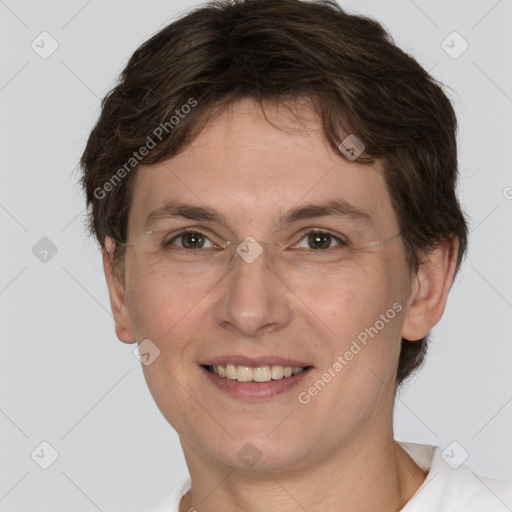 Joyful white adult female with short  brown hair and brown eyes