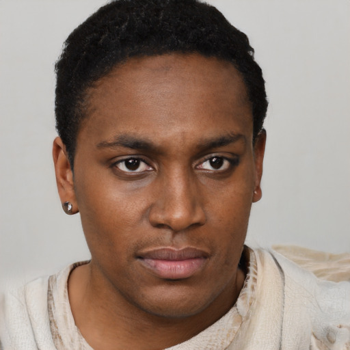 Neutral black young-adult male with short  black hair and brown eyes