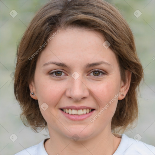 Joyful white young-adult female with medium  brown hair and green eyes