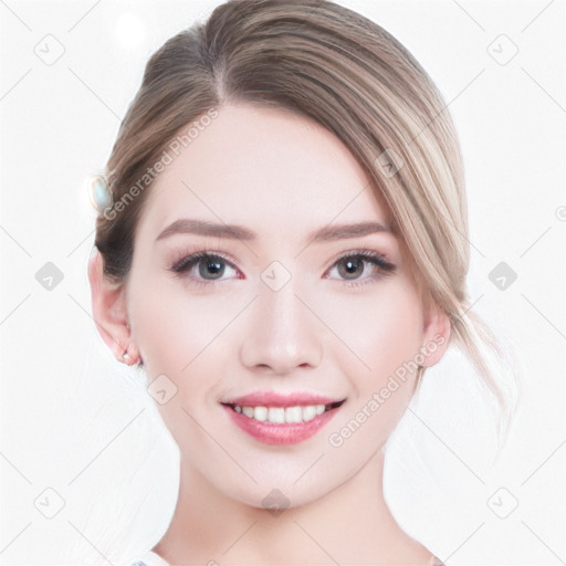 Joyful white young-adult female with medium  brown hair and blue eyes