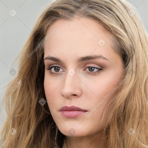 Neutral white young-adult female with long  brown hair and brown eyes