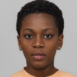 Neutral black young-adult female with short  black hair and brown eyes