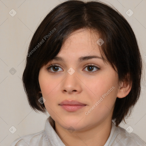 Neutral white young-adult female with medium  brown hair and brown eyes