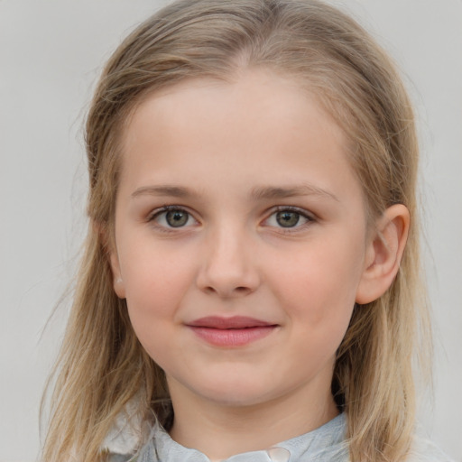 Joyful white child female with medium  brown hair and grey eyes