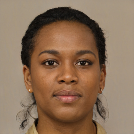 Neutral black young-adult female with short  brown hair and brown eyes
