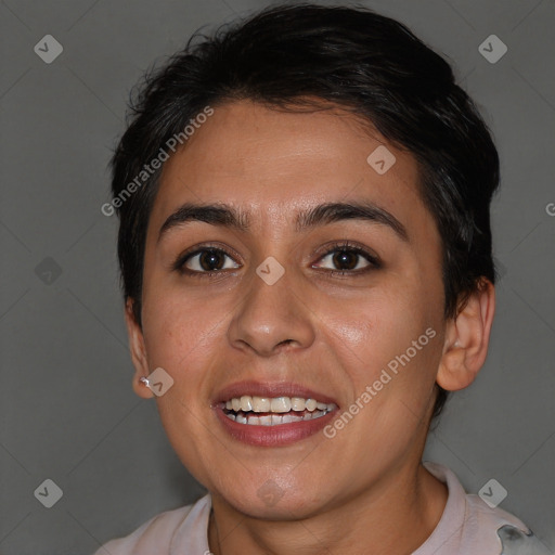 Joyful white young-adult female with short  brown hair and brown eyes