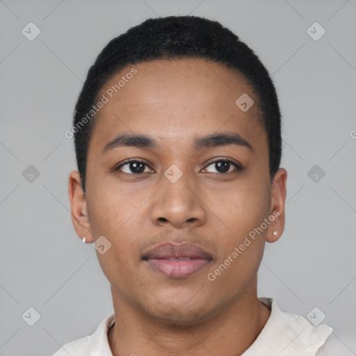 Neutral latino young-adult male with short  black hair and brown eyes