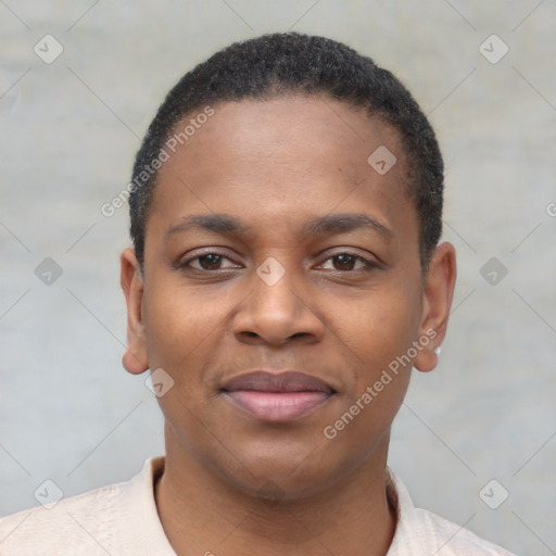 Joyful black young-adult female with short  black hair and brown eyes