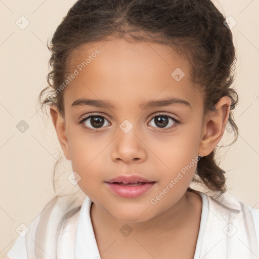 Joyful white child female with medium  brown hair and brown eyes