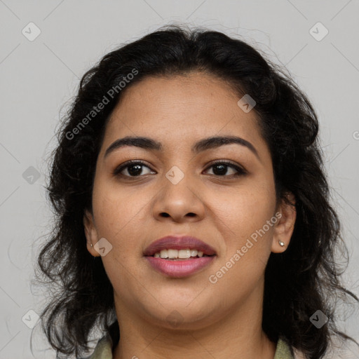 Joyful latino young-adult female with long  brown hair and brown eyes