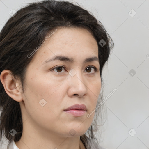 Neutral white young-adult female with medium  brown hair and brown eyes