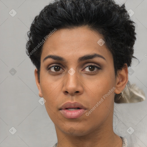 Neutral asian young-adult female with short  black hair and brown eyes