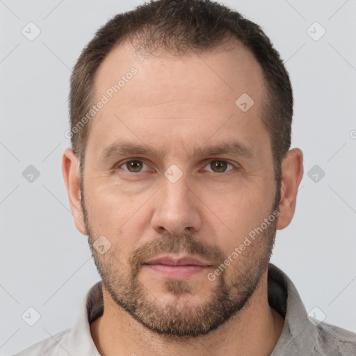 Neutral white adult male with short  brown hair and brown eyes