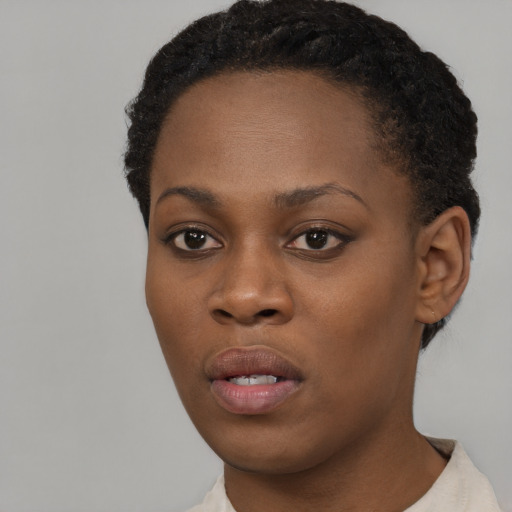 Neutral black young-adult female with short  black hair and brown eyes